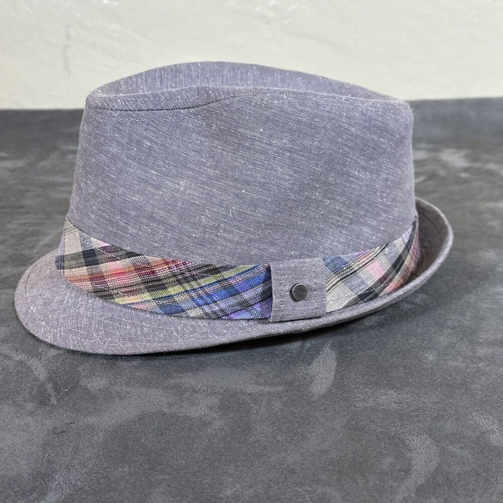 Stetson Grey Linen Blend Fedora Hat Plaid Band Metal Logo Large XL Mens Classic